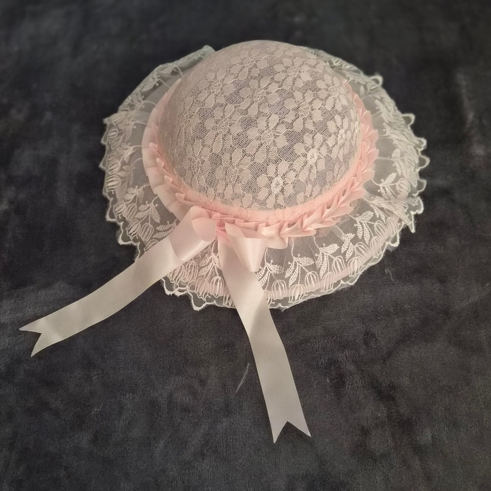 Cottagecore Pink Lace Infant Sun Hat Bonnet Satin Ribbon Trim Coquette